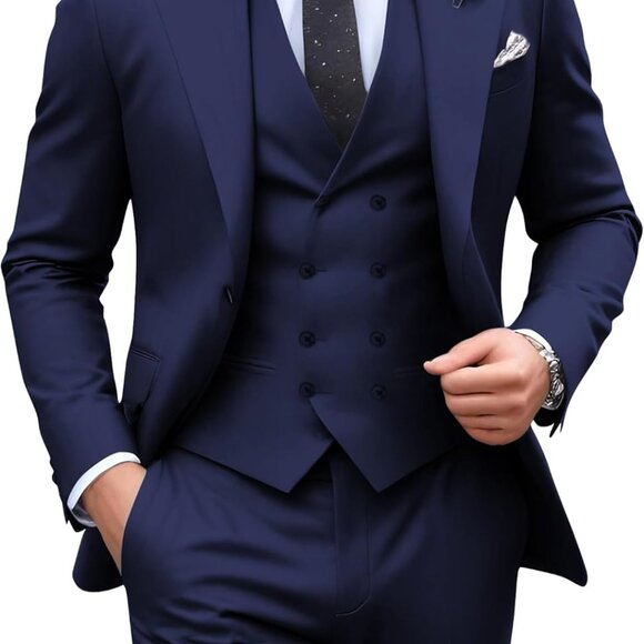 Other - Mens Suit Slim Fit 3 Piece Double Breasted Suit Men Formal Tuxedo Set Casual Wed